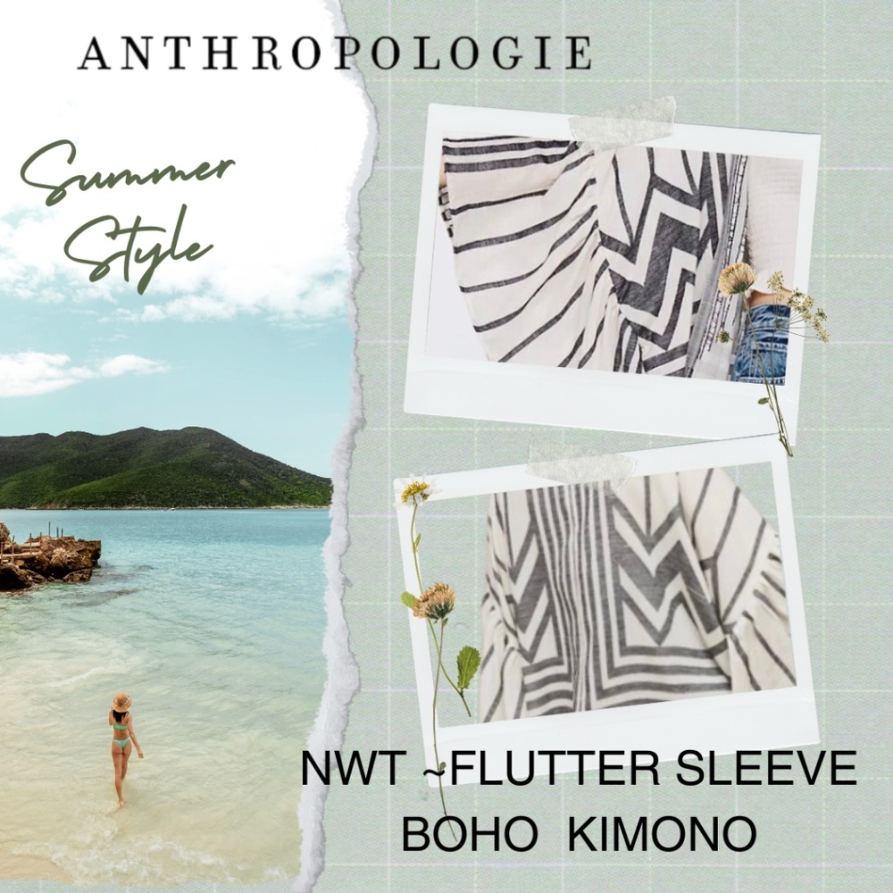 NWT - Anthropologie Aggie Kimono Open Wide Flutter Sleeves White Black One Size